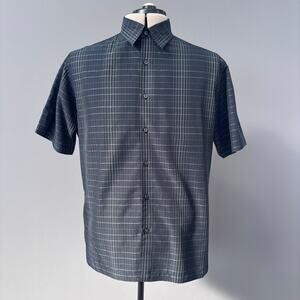 Axist Early 2000s Y2K Mens Short Sleeve Button Front Black Silver Plaid L